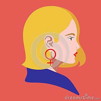 European blonde beautiful feminist girl looking to the side with red lips and female gender symbol as earring. Feminism image Vector Illustration